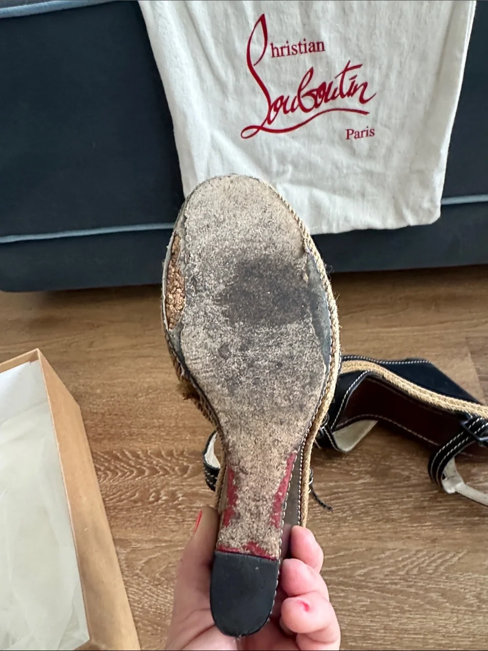Christian Louboutin Black Leather Wedge Sandals with Espadrille Platform